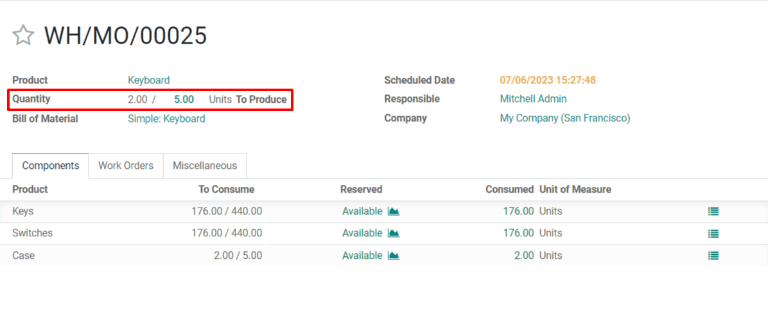 O campo de quantidade em uma ordem de produção.