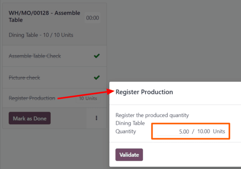 A janela pop-up "Registrar produção" no módulo Chão de fábrica.