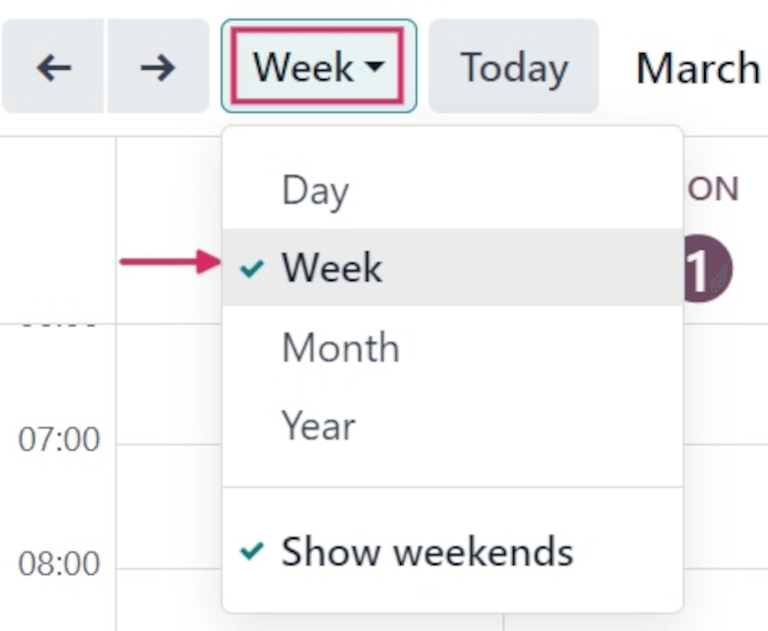 Opções do menu suspenso do período do calendário.