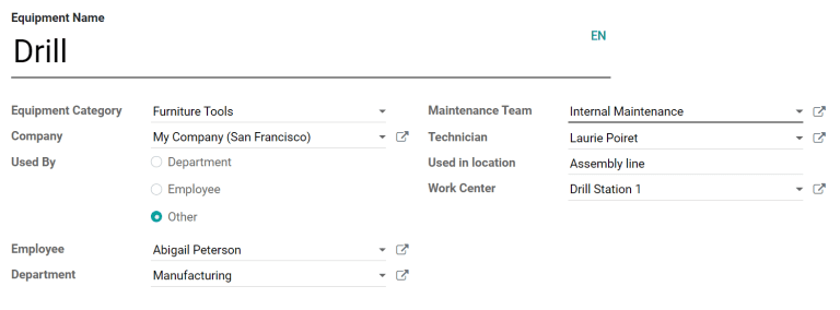 Um exemplo de um formulário de novo equipamento totalmente configurado.