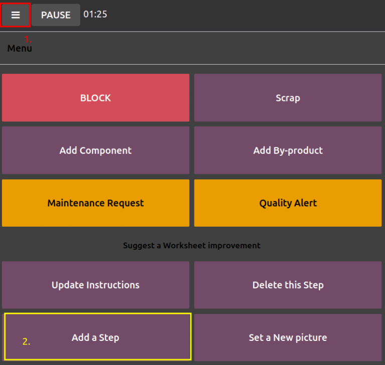 Abra a janela pop-up *Adicionar uma etapa* clicando no ícone de três linhas horizontais na visualização de tablet.