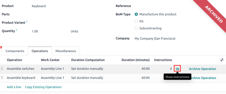 Ícone "Mostrar instruções" na aba *Operações* de uma LM.