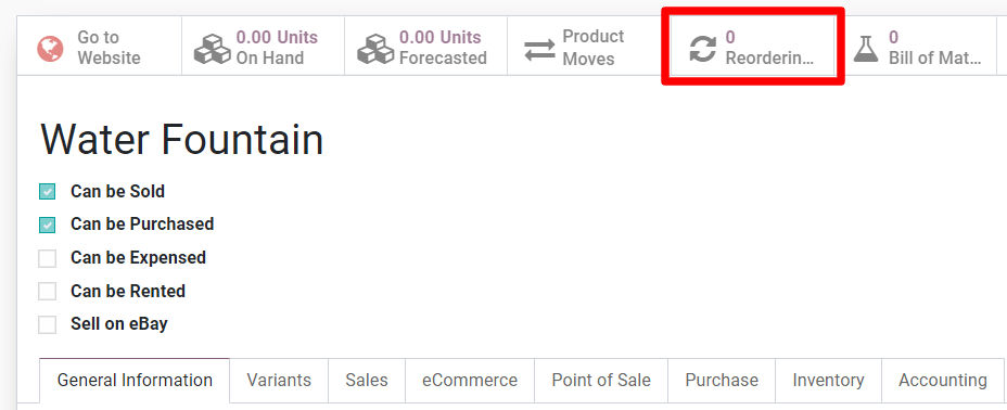 Acesse as regras de reposição de um produto na página do produto no Odoo.