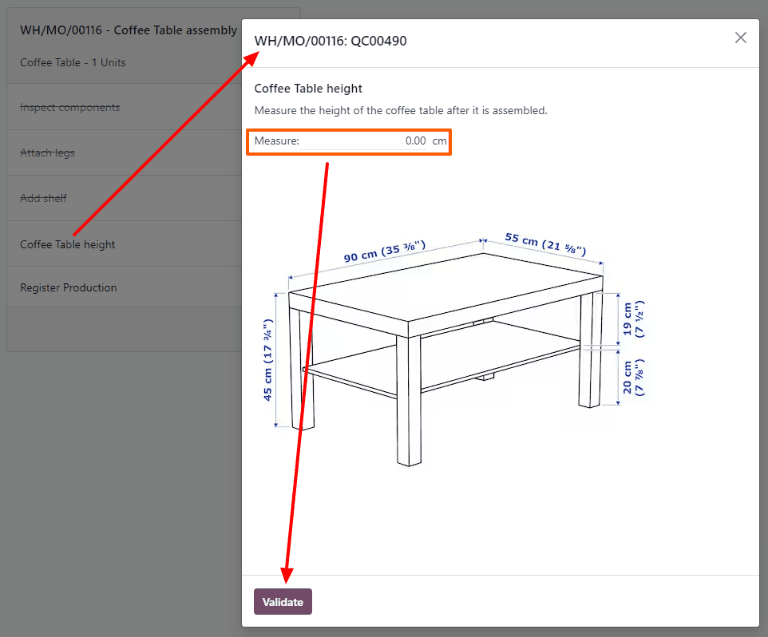 Uma verificação do tipo "Medida" no módulo Chão de fábrica.