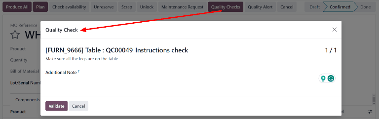 A janela pop-up Verificação de qualidade em uma ordem de produção ou do inventário.