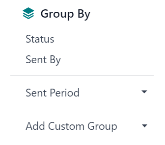 Visualização do menu suspenso Agrupar por no aplicativo Odoo Marketing por e-mail.