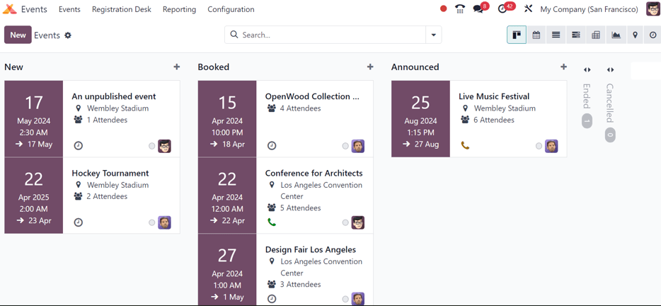 Visão geral da configuração de eventos com o modo de visualização kanban no Odoo Eventos.