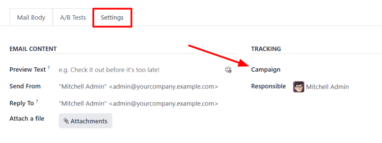 Visualização da aba de configurações no Odoo Marketing por e-mail quando a configuração da campanha está ativada.