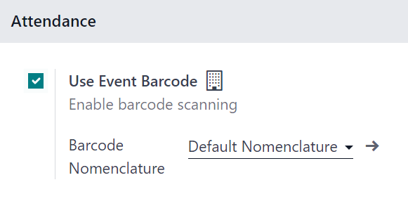 A seção Participação na página Definições do aplicativo Odoo Eventos.