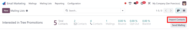 O botão de importação de contatos de uma linha de lista de distribuição no Odoo Marketing por e-mail.