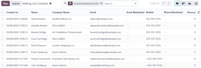 A página da lista de distribuição no aplicativo Odoo Marketing por e-mail.