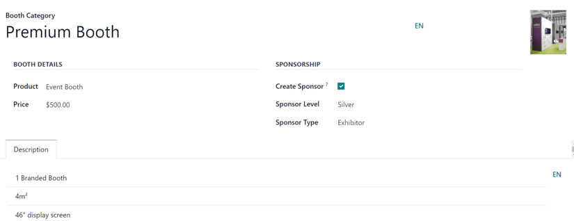 Um formulário típico de categoria de estande no aplicativo Odoo Eventos.