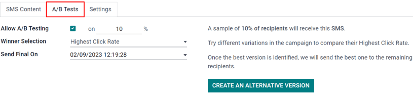 A aba Teste A/B está localizada em um formulário de campanha do aplicativo Odoo SMS Marketing.