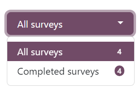 O menu suspenso "Todas as pesquisas" foi aberto na página "Ver resultados" do aplicativo Odoo Pesquisas.