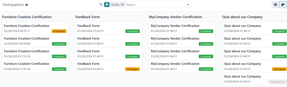 A página Participações no modo de visualização Kanban no aplicativo Odoo Pesquisas.