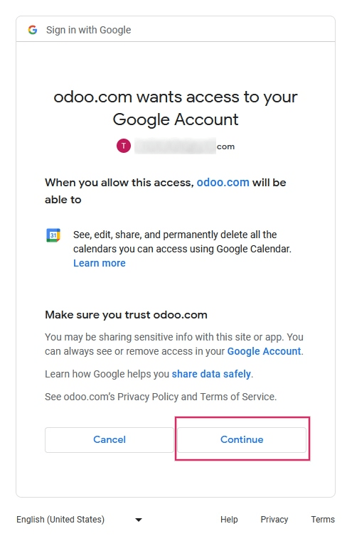 Dê permissão ao Odoo para acessar o Google Calendar.