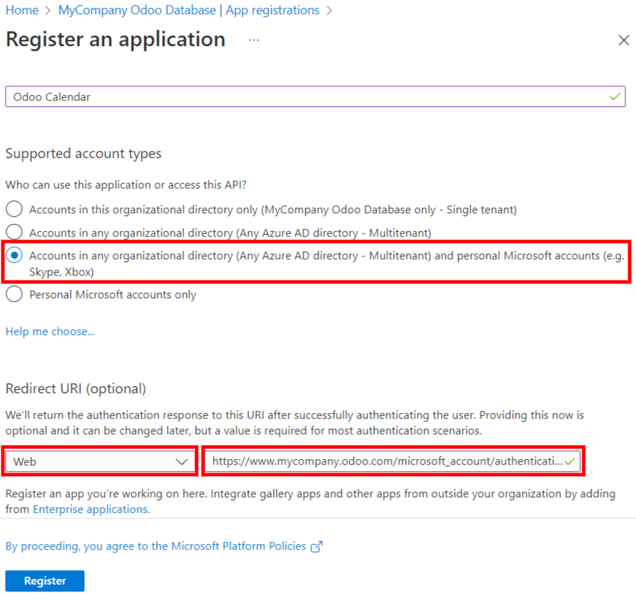 As configurações "Tipo de conta compatível" e "URI de redirecionamento" no portal Microsoft Entra ID.