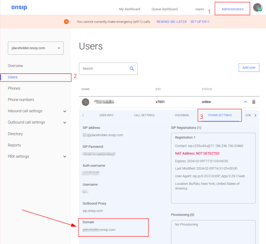 Configuração de domínio revelada (destacada) no painel administrativo do console de gerenciamento do OnSIP.