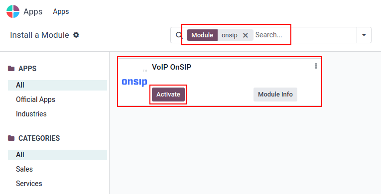 Visualização do aplicativo OnSIP nos resultados da pesquisa de aplicativos.