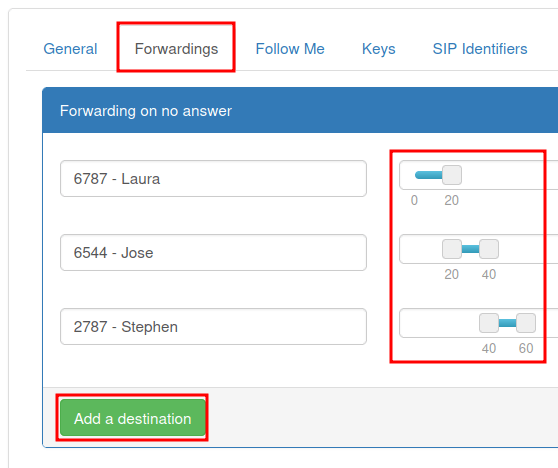 Gerenciar o encaminhamento de chamadas para diferentes usuários ou números de telefone na aba Encaminhamentos.