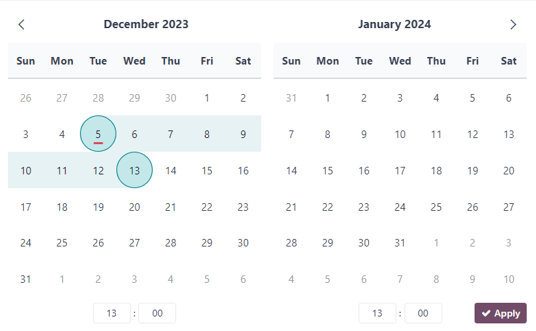 Exemplo de uma janela pop-up de calendário de período de aluguel no aplicativo Odoo Locação.