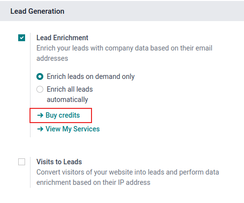 Comprar créditos nas definições de enriquecimento de leads.