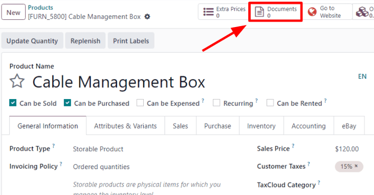 Botão inteligente Documentos em um formulário de produto no Vendas do Odoo.
