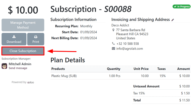 Botão Encerrar assinatura na visualização do cliente de um pedido de vendas no Odoo Assinaturas.