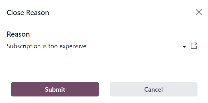 O pop-up Motivo do encerramento quando o botão Encerrar é clicado nas assinaturas do Odoo.