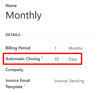 O campo Encerramento automático em um formulário de Plano recorrente no Odoo Assinaturas.