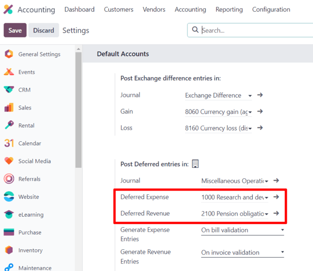 As configurações necessárias da conta diferida na página de configurações do aplicativo Odoo Financeiro.