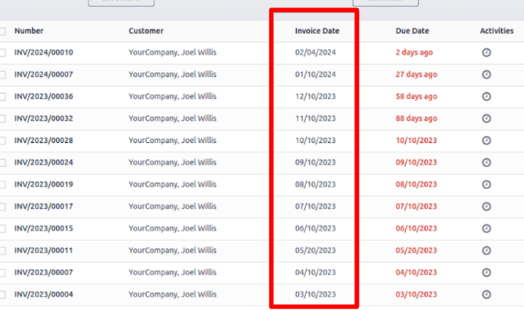 A coluna Data da fatura na página de fatura de assinaturas no aplicativo Odoo Assinaturas.