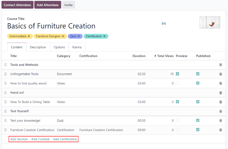 Visão de um curso sendo publicado na Central de Ajuda do Odoo.