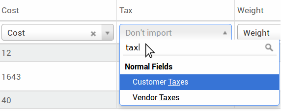 Meniul drop-down extins în ecranul inițial de import pe Odoo.