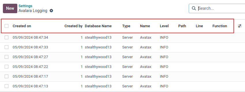 Pagina de înregistrare Avalara cu rândul de sus al listei evidențiat.