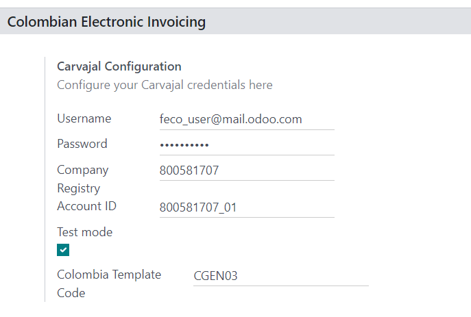 Configurați acreditările pentru serviciul web Carvajal în Odoo.