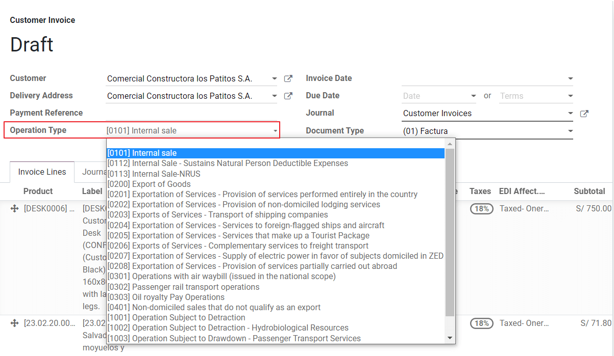 Câmpul tip operațiune pe factură pe facturi