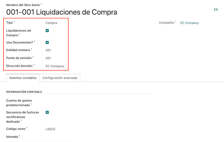 Configurarea lichidărilor de achiziție pentru tipul de document electronic de reținere din Ecuador.