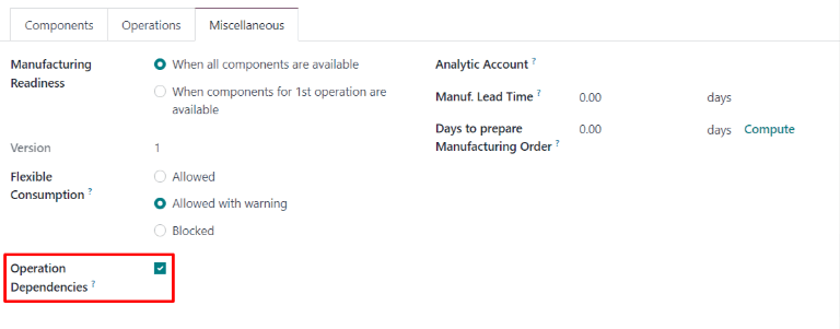 Caseta de selectare Dependențe de operare din fila Diverse a unei BM.