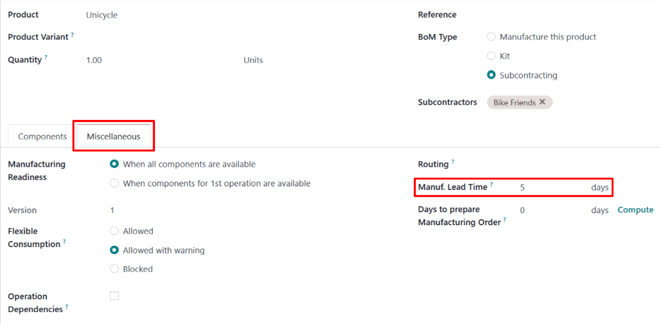 The Manuf. Câmpul Lead Time din lista de sarcini a unui produs.