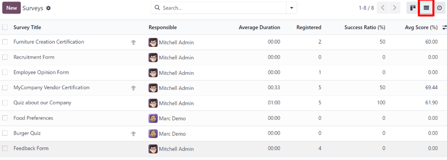 Opțiunea de vizualizare a listei situată pe tabloul de bord al aplicației Odoo Surveys.