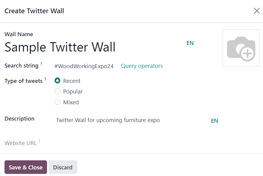 Fereastra pop-up Twitter Wall din aplicația Odoo Events.