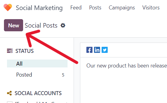 Buton nou pe pagina Postări sociale din aplicația Odoo Social Marketing.