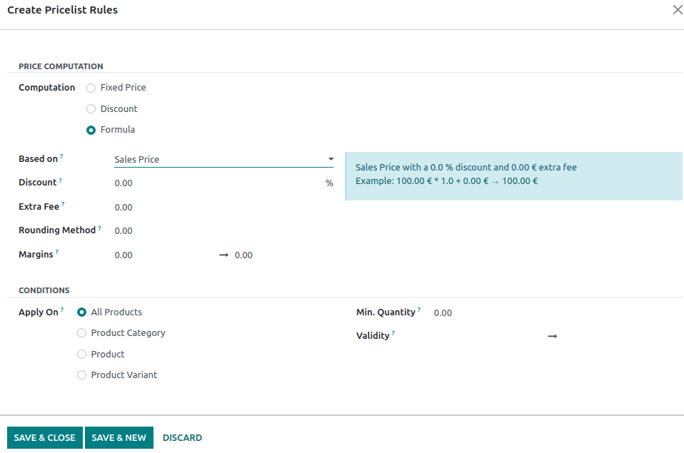 Configurați formularul pentru a configura o listă de prețuri avansată