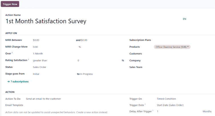 Un exemplu de formular de reguli de automatizare în aplicația Abonamente Odoo.