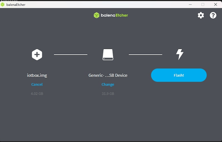 Instrumentpanel för Balenas Etcher-programvara.