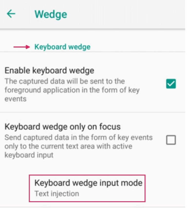 Wedge-konfigurationsmeny på Datalogic-skannern.