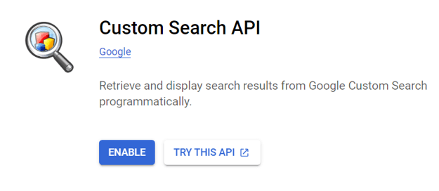 Sidan "Custom Search API" med knappen Aktivera markerad på Google Cloud Platform.