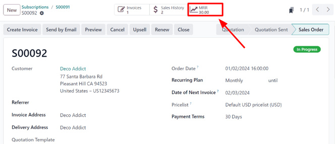 Smart MRR-knapp i Odoo Subscriptions-applikationen.