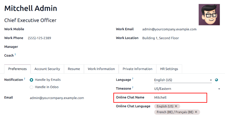 View of user profile in Odoo, emphasizing the Online Chat name field.